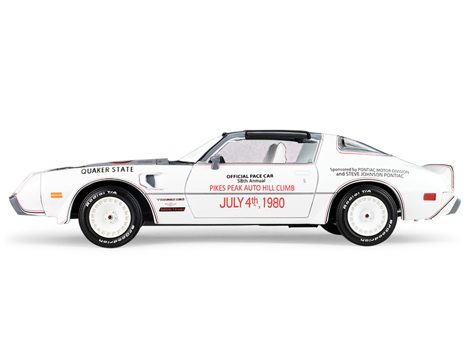 White vintage race car with July 4th, 1980 text.