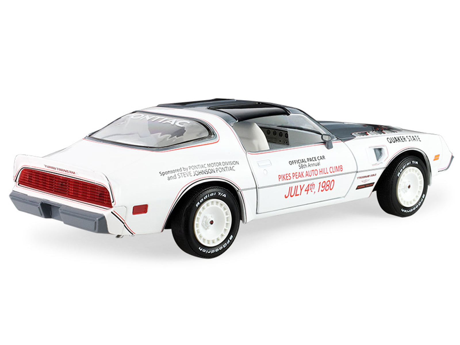 White and black Pontiac Firebird model car.