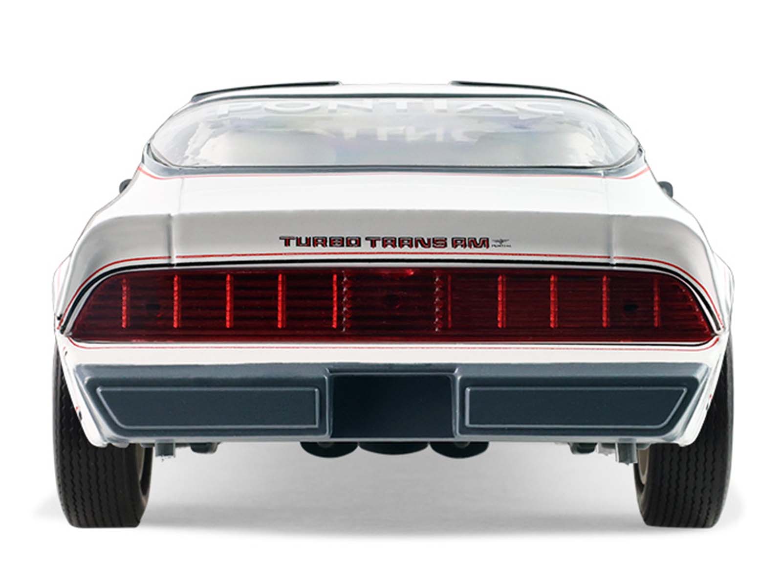 Rear view of a white and silver sports car.