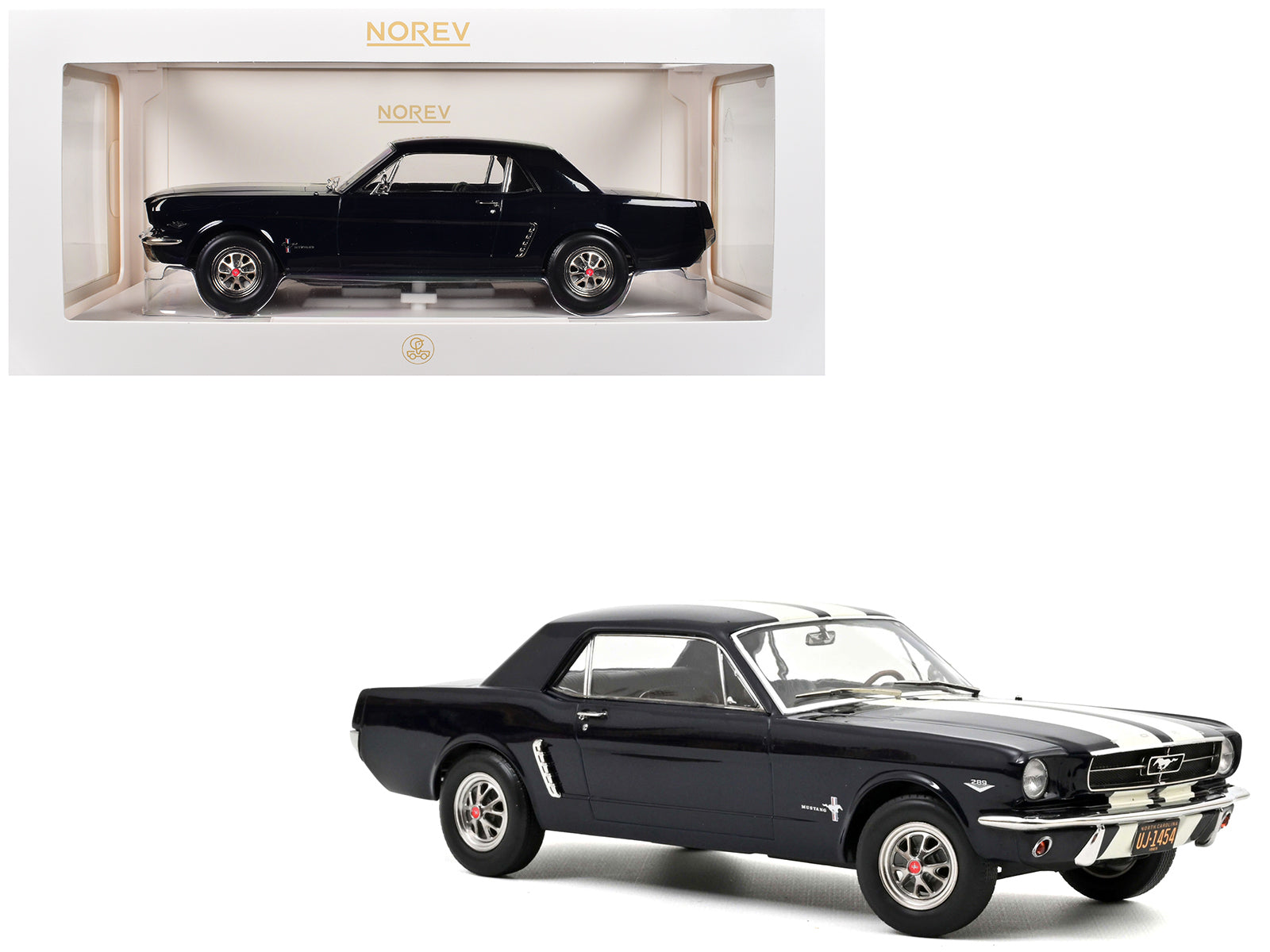 1965 Ford Mustang Hardtop Coupe Nightmist Blue Metallic with White Stripes 1/18 Diecast Model Car by Norev