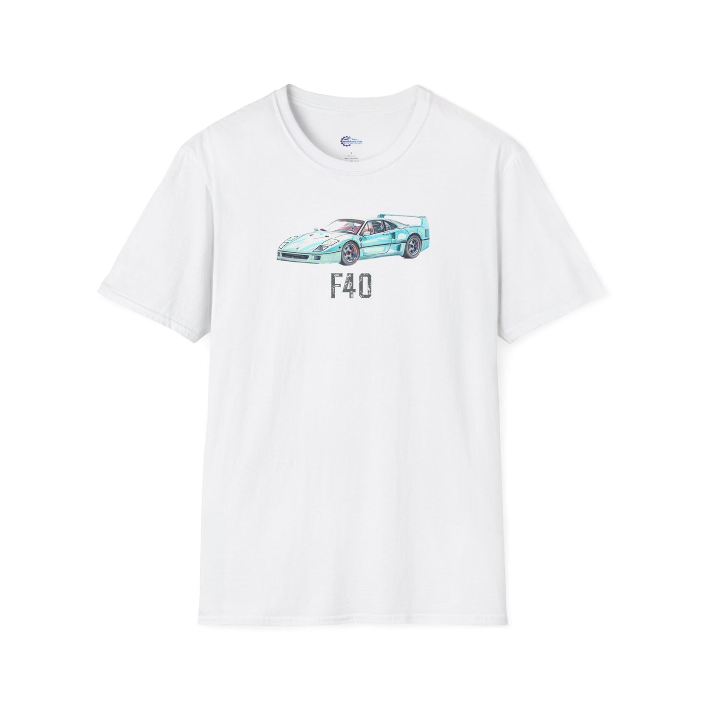 White t-shirt with blue car graphic.