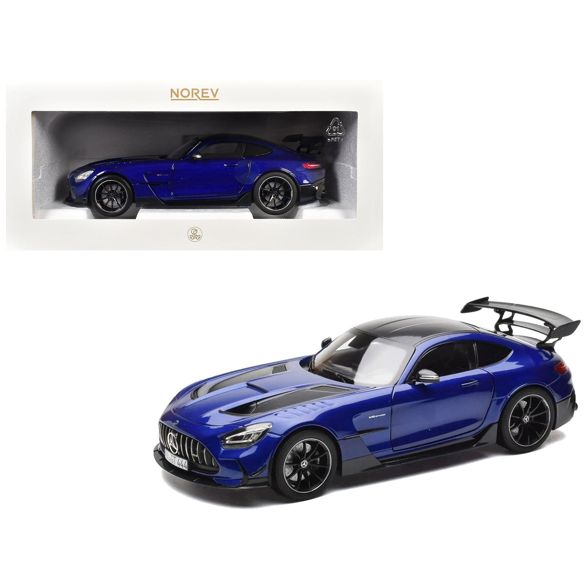2021 Mercedes-Benz AMG GT Black Series Blue Metallic with Carbon Top and Hood Stripes 1/18 Diecast Model Car by Norev