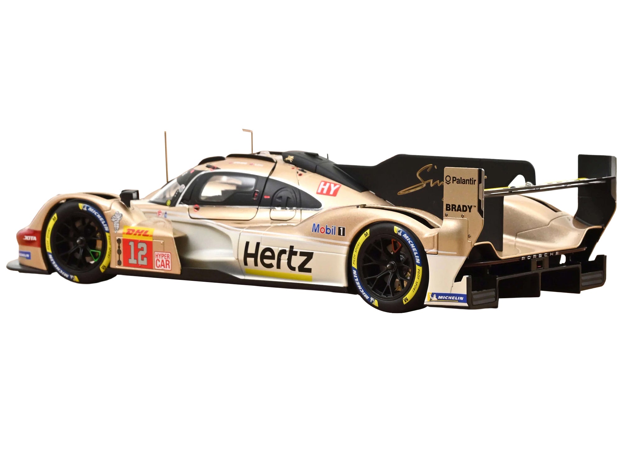 Race car with sponsor logos, side view.