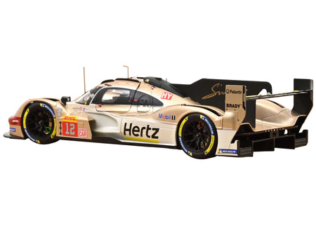 Race car with sponsor logos, side view.