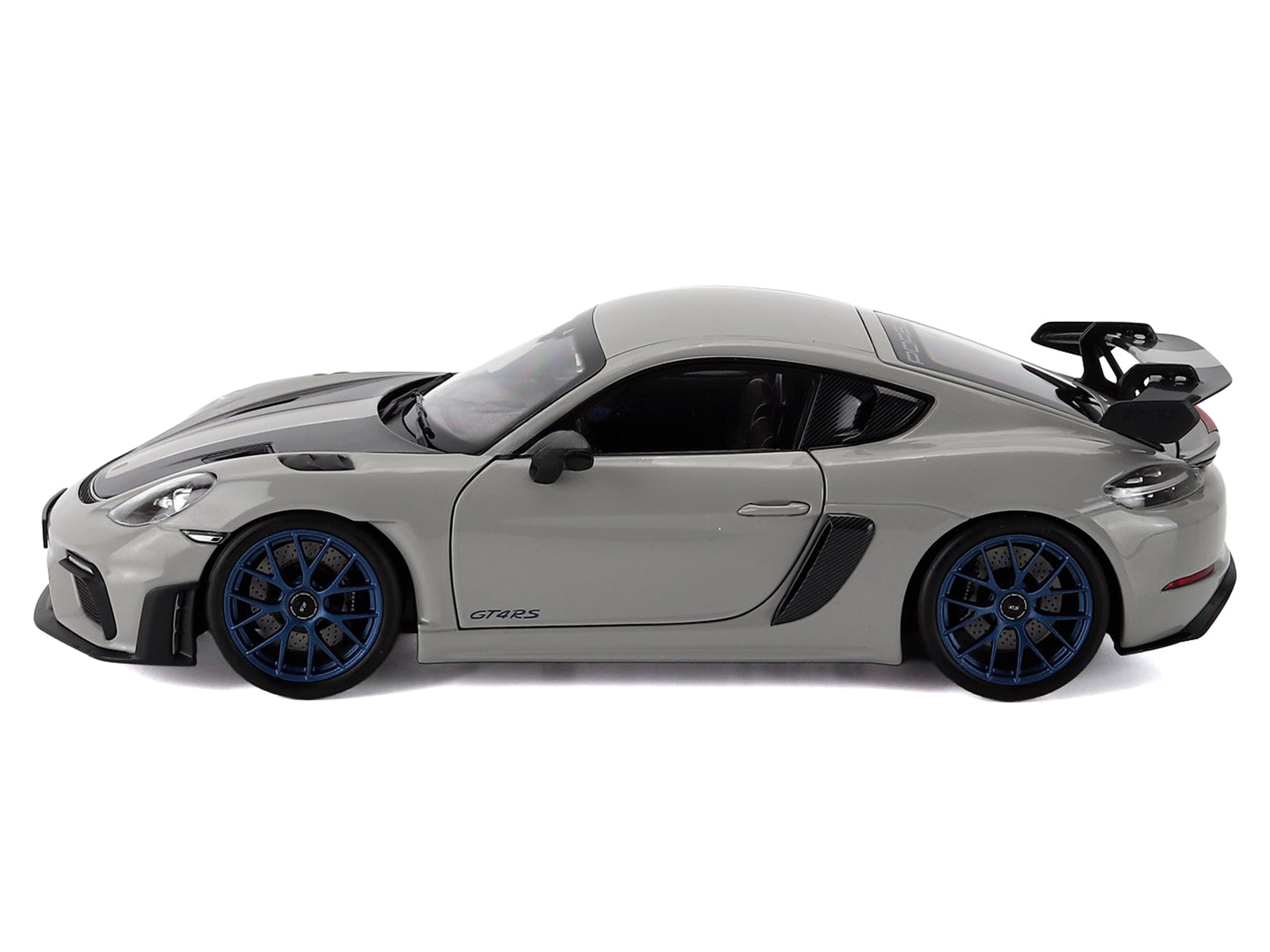 Gray sports car model with blue wheels.