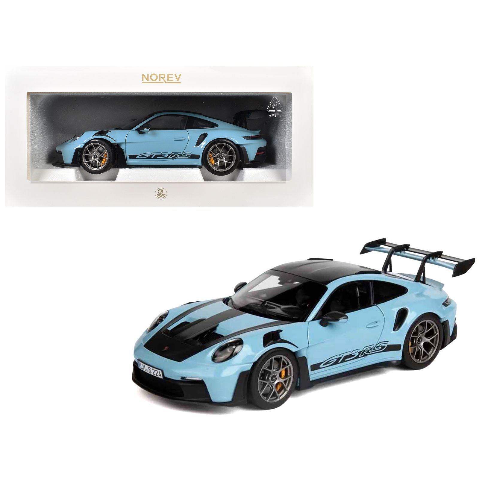 2022 Porsche 911 GT3 RS Weissach Pack Gulf Blue with Carbon Top and Hood Stripes 1/18 Diecast Model Car by Norev