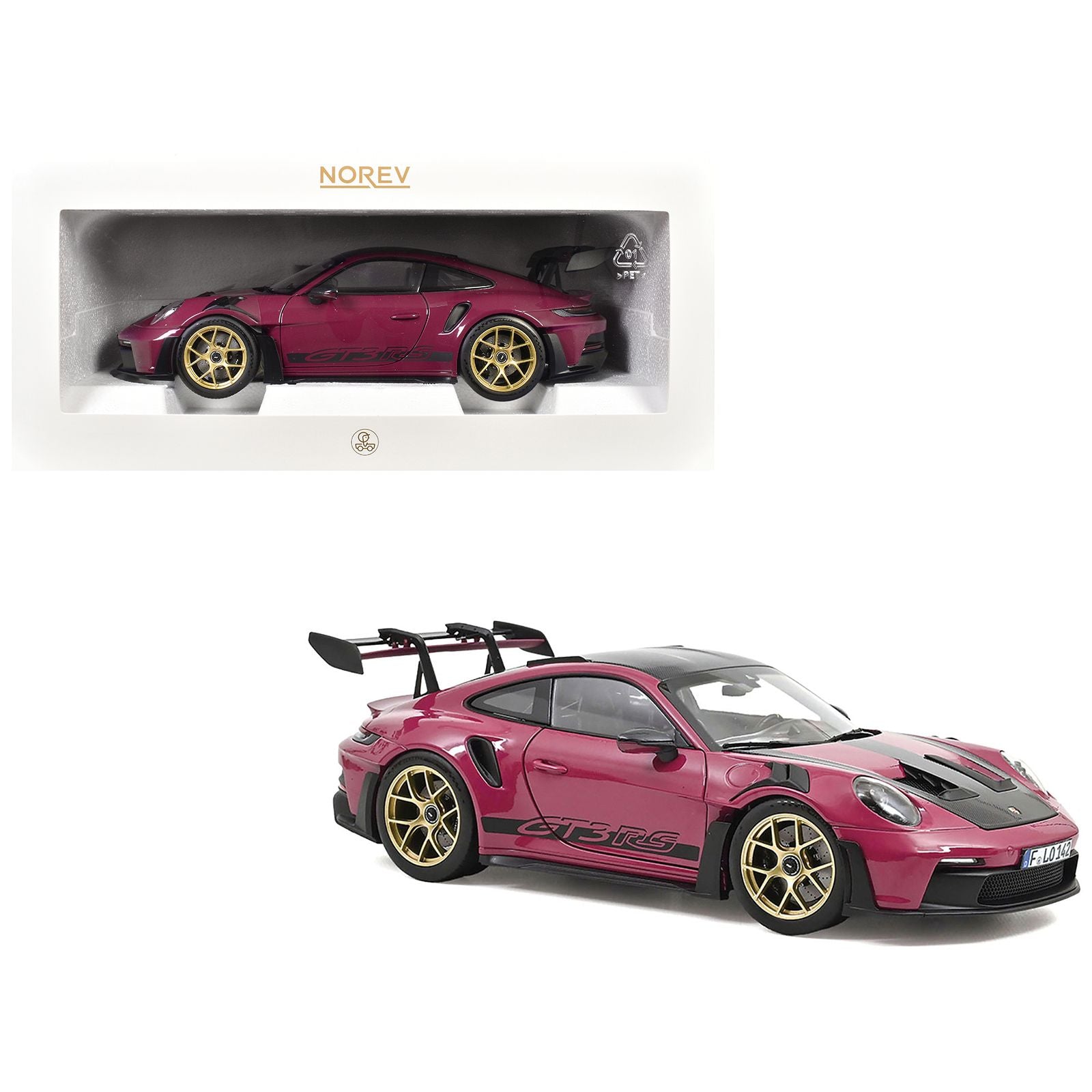 2022 Porsche 911 GT3 RS Weissach Pack Ruby Star Red with Carbon Top and Hood Stripes 1/18 Diecast Model Car by Norev