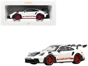 2022 Porsche 911 GT3 RS with Weissach Pack White with Carbon Hood and Top and Pyro Red Stripes and Wheels 1/18 Diecast Model Car by Norev