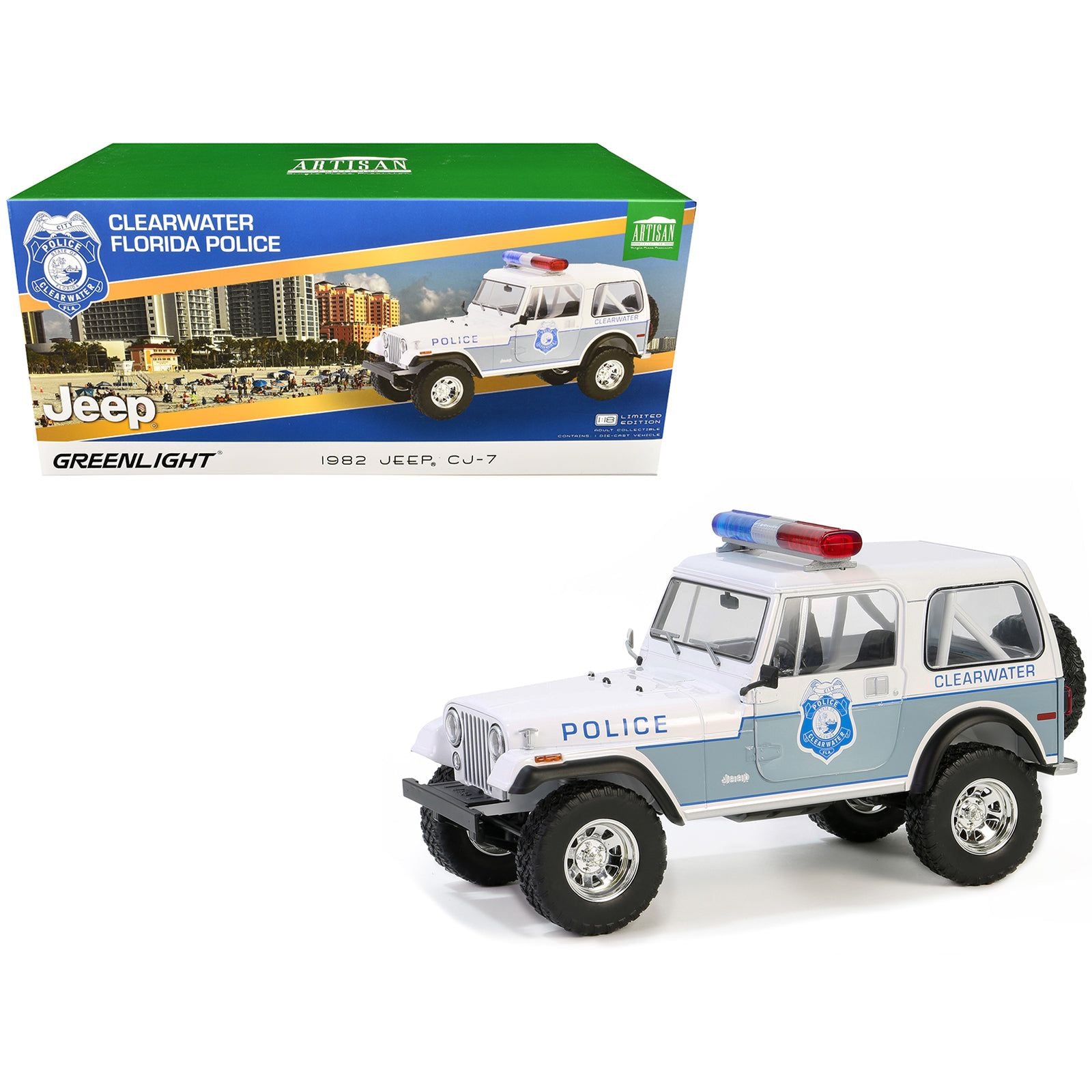 1982 Jeep CJ-7 "Clearwater Florida Police Department" White and Light Blue "Artisan Collection" Series 1/18 Diecast Model Car by Greenlight