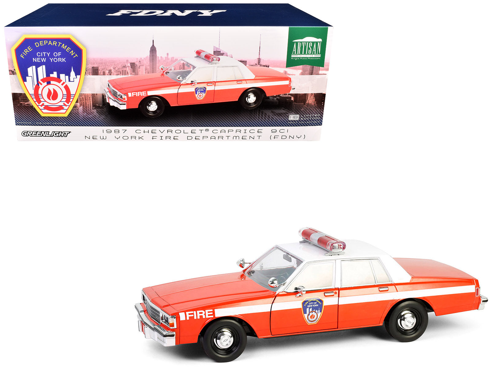 1987 Chevrolet Caprice 9C1 "FDNY (The Official Fire Department City of New York)" Red with White Top and Stripes "Artisan Collection" 1/18 Diecast Model Car by Greenlight