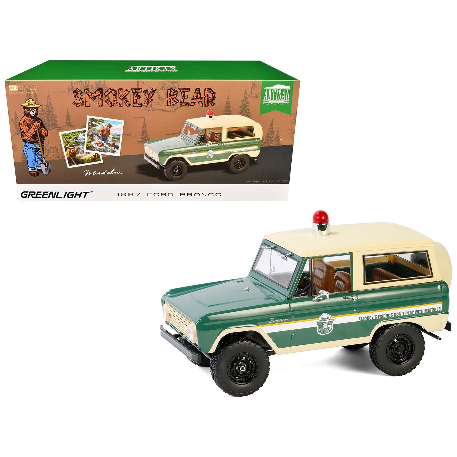 1967 Ford Bronco "Smokey Bear Forest Ranger" Green and Cream with White Stripes "Artisan Collection" 1/18 Diecast Model Car by Greenlight