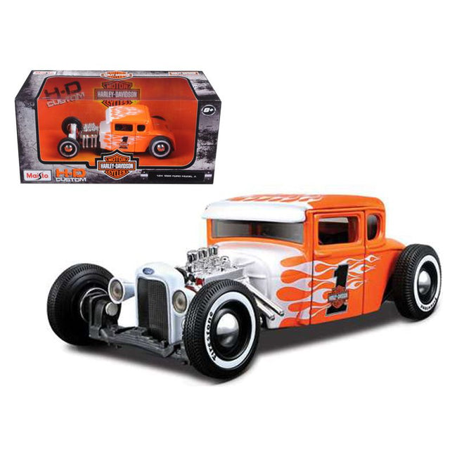 1929 Ford Model A #1 "Harley Davidson" Orange with White Flames 1/24 Diecast Model Car by Maisto-Maisto-ModelCars.com