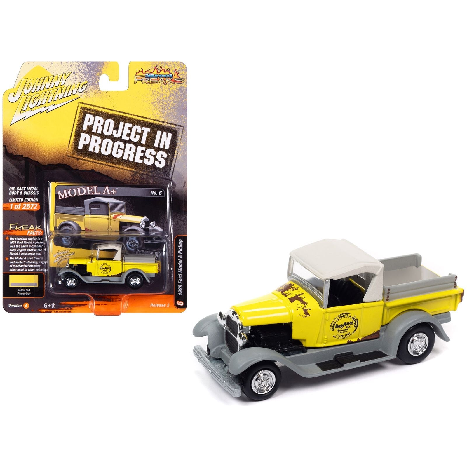 1929 Ford Model A Pickup Truck "Model A+" Yellow and Primer Gray "Project in Progress" Limited Edition to 2572 pieces Worldwide "Street Freaks" Series 1/64 Diecast Model Car by Johnny Lightning - Johnny Lightning - ModelCars.com
