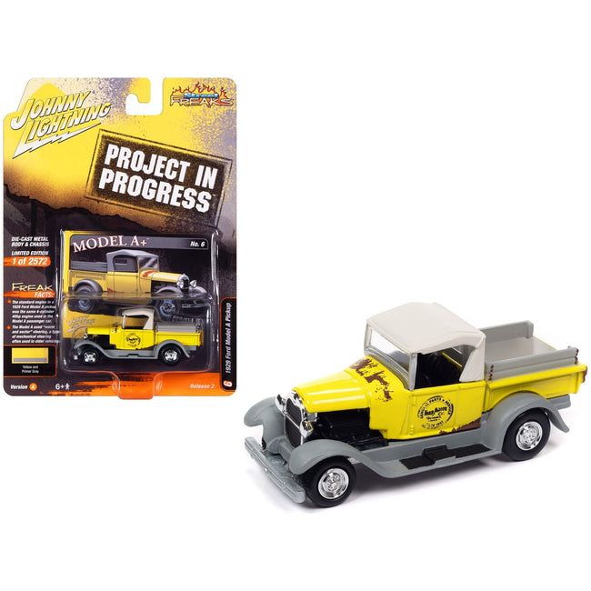 1929 Ford Model A Pickup Truck "Model A+" Yellow and Primer Gray "Project in Progress" Limited Edition to 2572 pieces Worldwide "Street Freaks" Series 1/64 Diecast Model Car by Johnny Lightning - Johnny Lightning - ModelCars.com