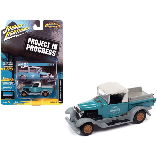 1929 Ford Model A Pickup Truck "Squeaky Clean" Aqua Blue and Primer Gray "Project in Progress" Limited Edition to 2572 pieces Worldwide "Street Freaks" Series 1/64 Diecast Model Car by Johnny Lightning-Johnny Lightning-ModelCars.com