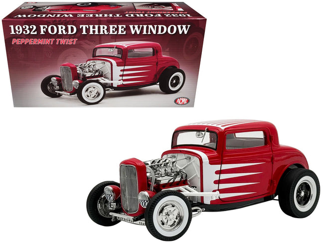 1932 Ford 3 Window Coupe "Peppermint Twist" Red with White Graphics Limited Edition to 372 pieces Worldwide 1/18 Diecast Model Car by ACME-Acme-ModelCars.com