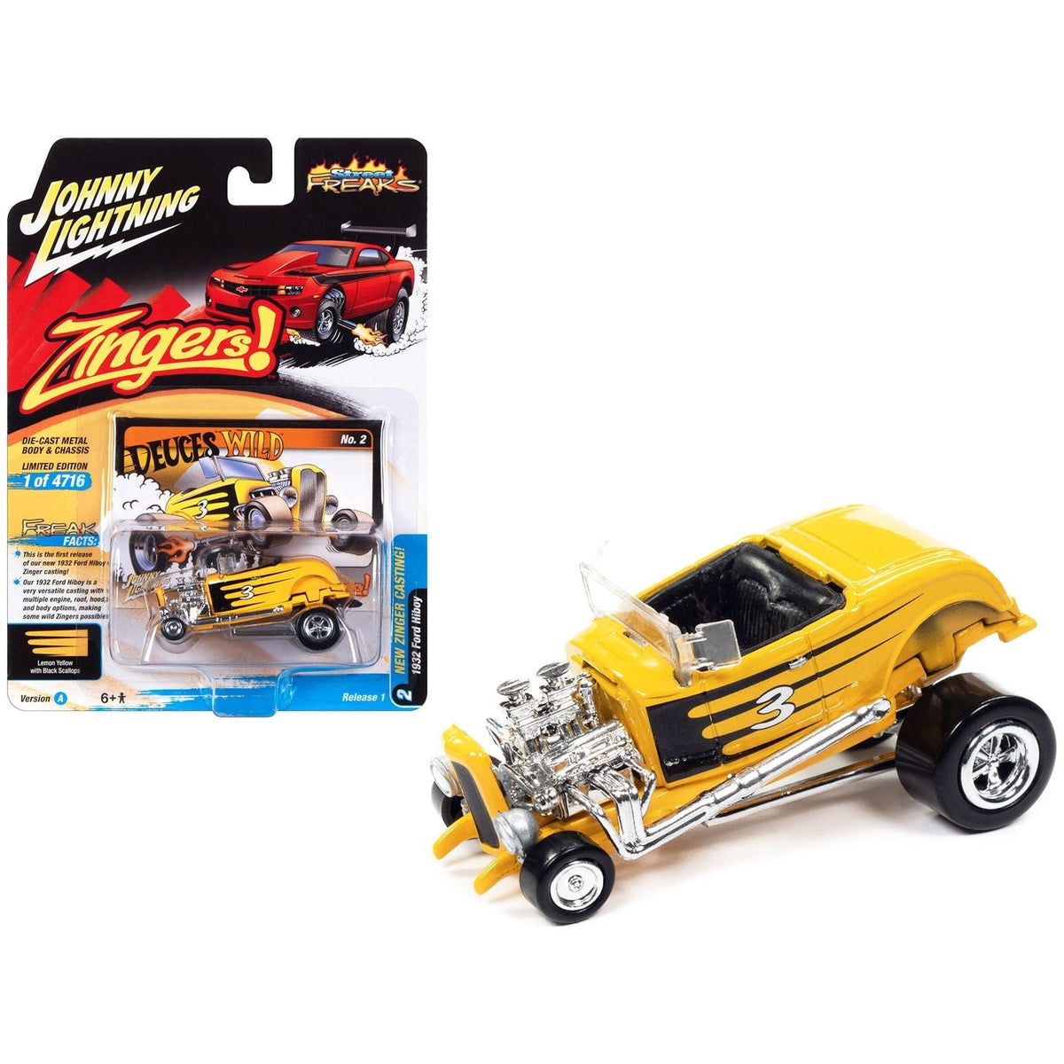 1932 Ford Hiboy 3 "Deuces Wild" Yellow with Black Graphics "Zingers!" Limited Edition to 4716 pieces Worldwide "Street Freaks" Series 1/64 Diecast Model Car by Johnny Lightning-Johnny Lightning-ModelCars.com