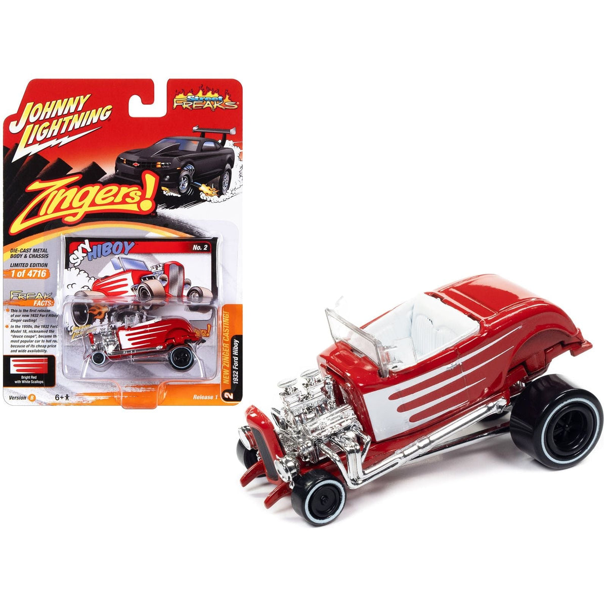 1932 Ford Hiboy "Sky Hiboy" Bright Red with White Graphics "Zingers!" Limited Edition to 4716 pieces Worldwide "Street Freaks" Series 1/64 Diecast Model Car by Johnny Lightning-Johnny Lightning-ModelCars.com