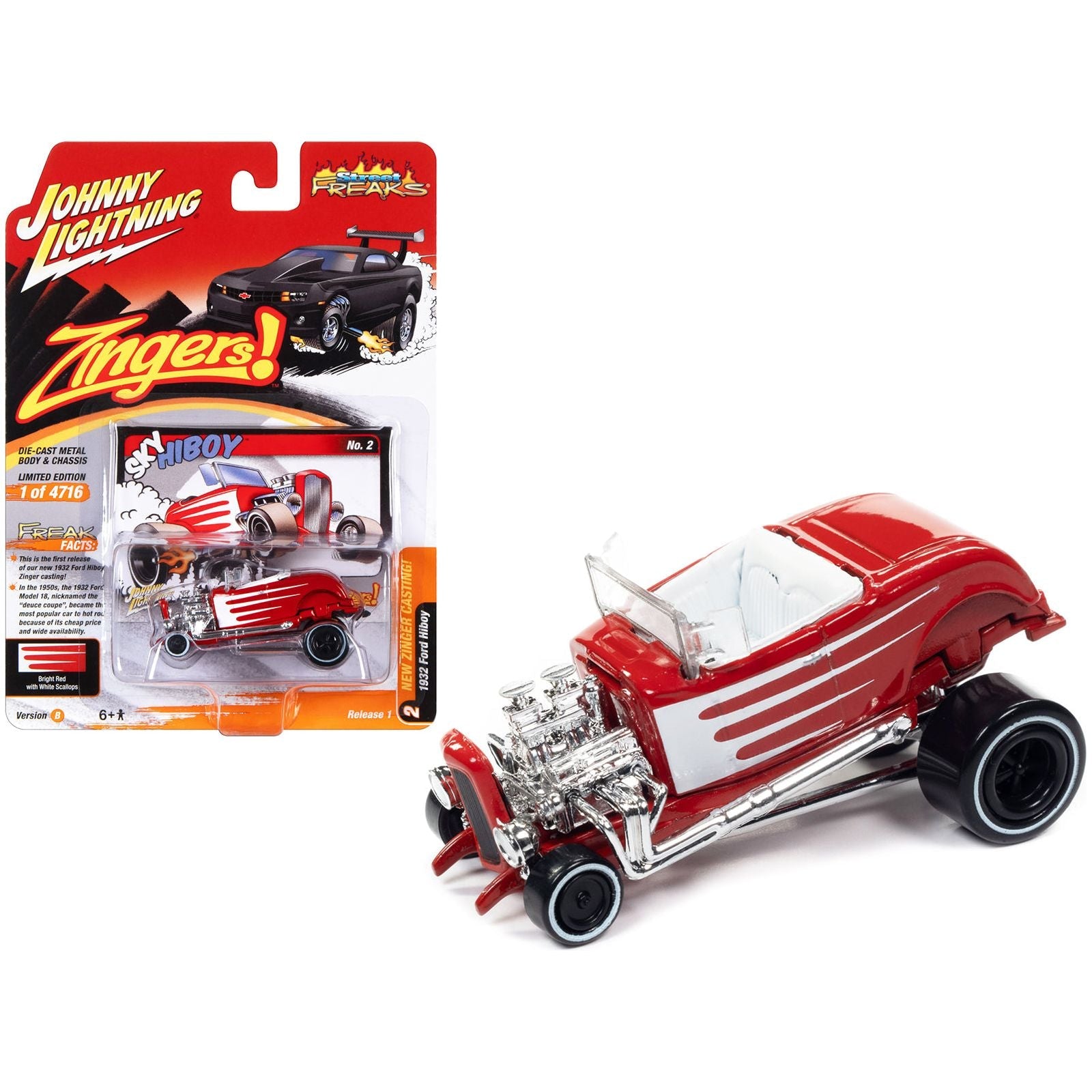 1932 Ford Hiboy "Sky Hiboy" Bright Red with White Graphics "Zingers!" Limited Edition to 4716 pieces Worldwide "Street Freaks" Series 1/64 Diecast Model Car by Johnny Lightning - Johnny Lightning - ModelCars.com