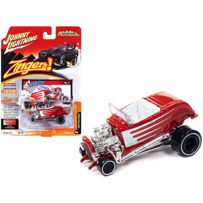 1932 Ford Hiboy "Sky Hiboy" Bright Red with White Graphics "Zingers!" Limited Edition to 4716 pieces Worldwide "Street Freaks" Series 1/64 Diecast Model Car by Johnny Lightning - Johnny Lightning - ModelCars.com