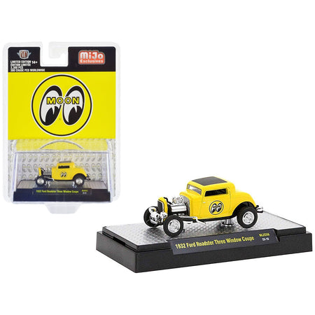 1932 Ford Roadster Three Window Coupe Yellow with Black Top "Mooneyes" Limited Edition to 3600 pieces Worldwide 1/64 Diecast Model Car by M2 Machines-M2-ModelCars.com