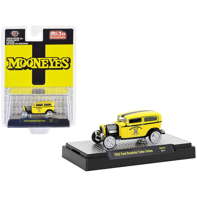 1932 Ford Roadster Tudor Sedan Yellow with Black Stripes "Mooneyes" Limited Edition to 3300 pieces Worldwide 1/64 Diecast Model Car by M2 Machines-M2-ModelCars.com