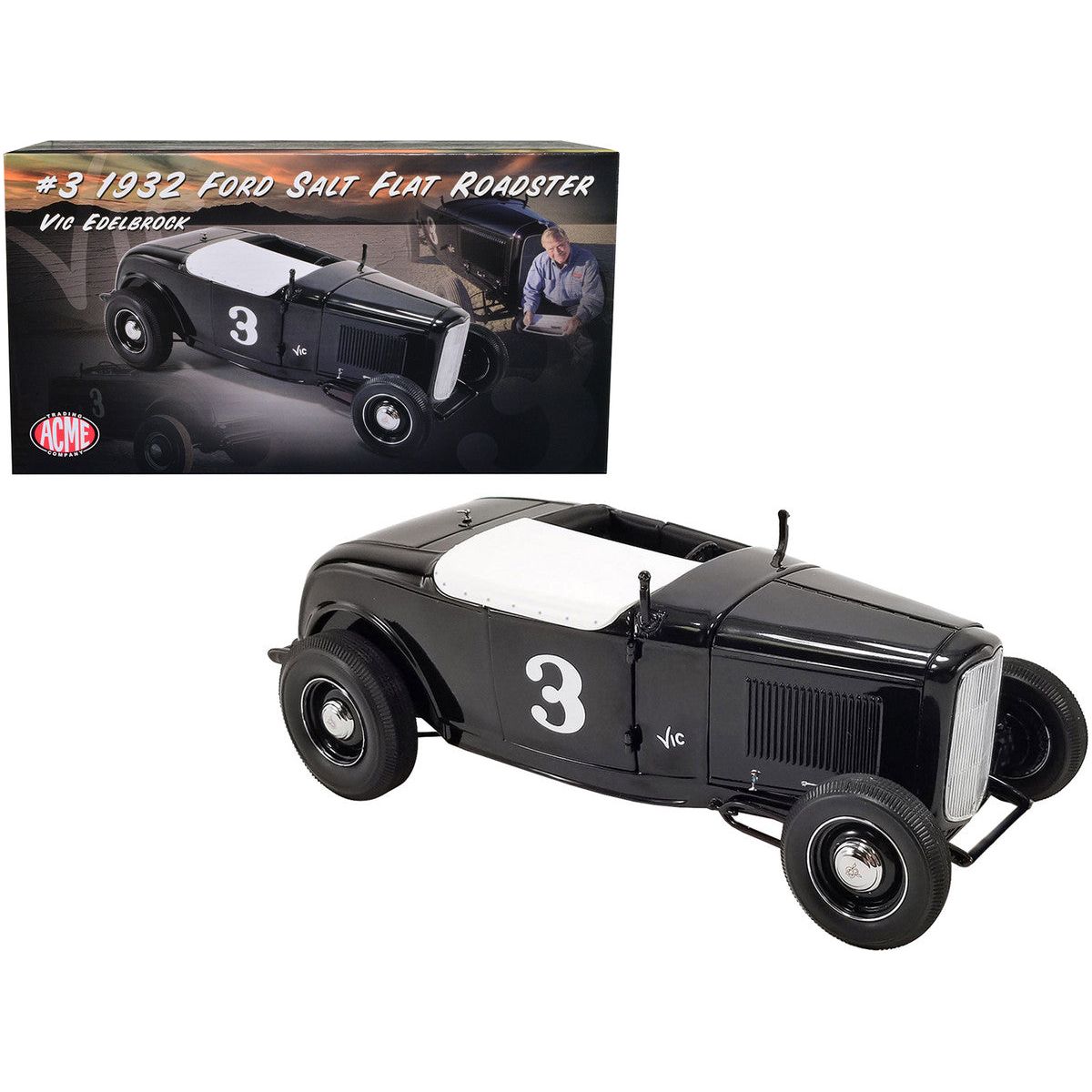 1932 Ford Salt Flat Roadster 3 Black "Vic Edelbrock" Limited Edition to 414 pieces Worldwide 1/18 Diecast Model Car by ACME - Acme - ModelCars.com