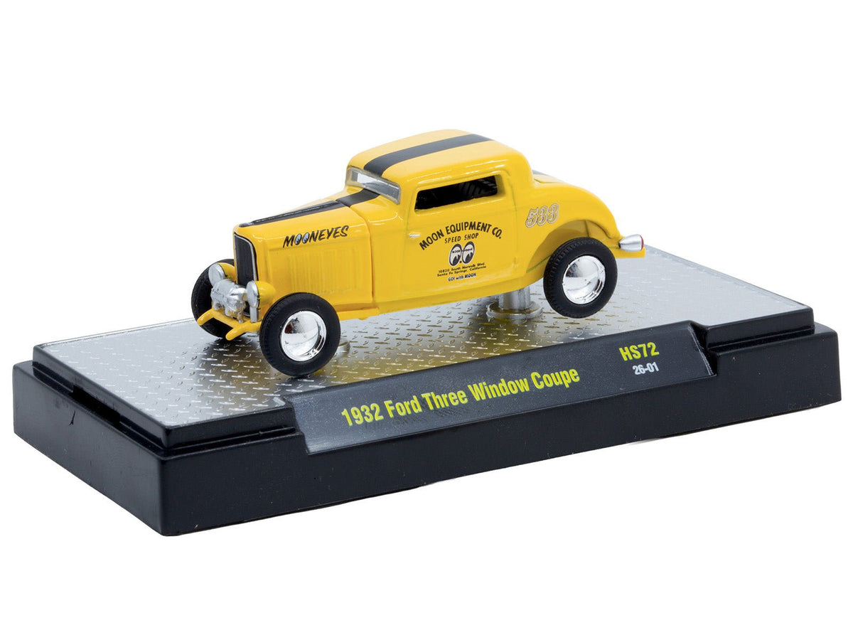 1932 Ford Three-Window Coupe "MoonEyes" Yellow with Black Stripe Limited Edition to 4400 pieces Worldwide 1/64 Diecast Model Car by M2 Machines-M2-ModelCars.com