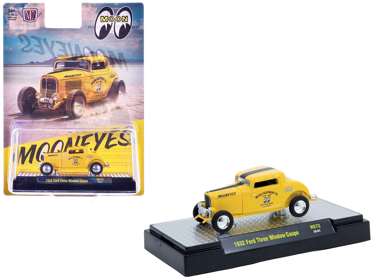 1932 Ford Three-Window Coupe "MoonEyes" Yellow with Black Stripe Limited Edition to 4400 pieces Worldwide 1/64 Diecast Model Car by M2 Machines-M2-ModelCars.com