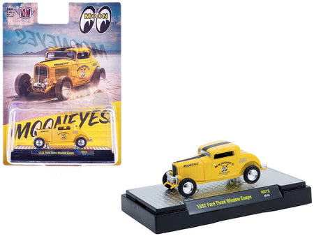 1932 Ford Three-Window Coupe "MoonEyes" Yellow with Black Stripe Limited Edition to 4400 pieces Worldwide 1/64 Diecast Model Car by M2 Machines-M2-ModelCars.com
