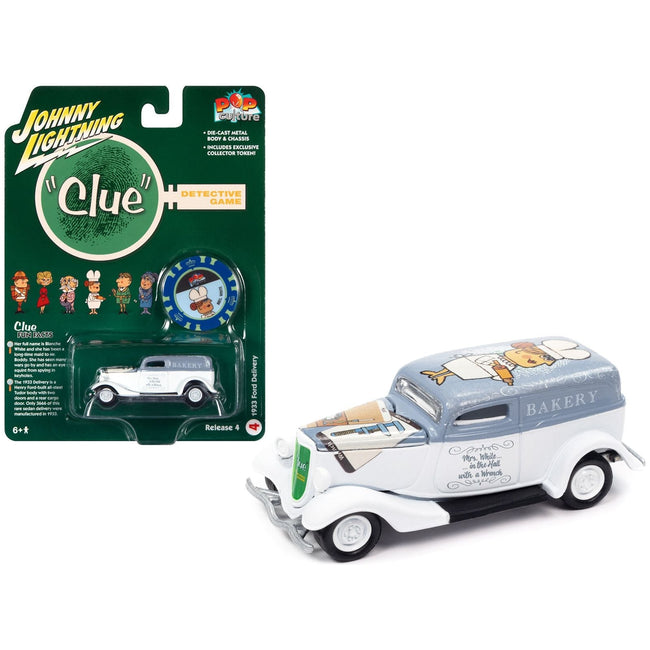 1933 Ford Delivery Van White with Gray Top (Mrs. White) with Poker Chip Collector's Token "Vintage Clue" "Pop Culture" 2022 Release 4 1/64 Diecast Model Car by Johnny Lightning-Johnny Lightning-ModelCars.com