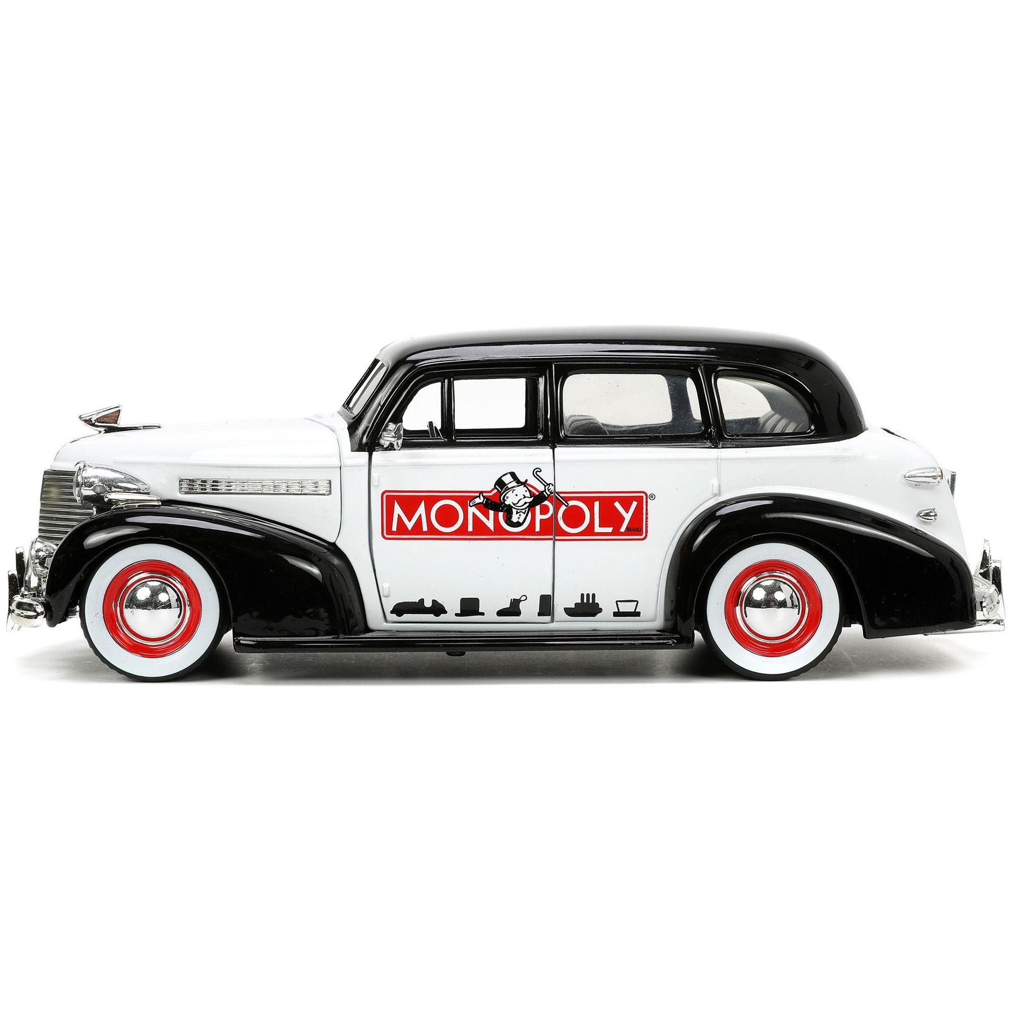 1939 Chevrolet Master Deluxe Black and White "Monopoly" and Mr. Monopoly Diecast Figure "Hollywood Rides" Series 1/24 Diecast Model Car by Jada - Jada - ModelCars.com