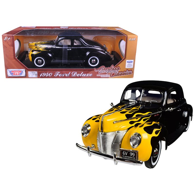 1940 Ford Deluxe Black with Yellow Flames "Timeless Classics" 1/18 Diecast Model Car by Motormax - Motormax - ModelCars.com