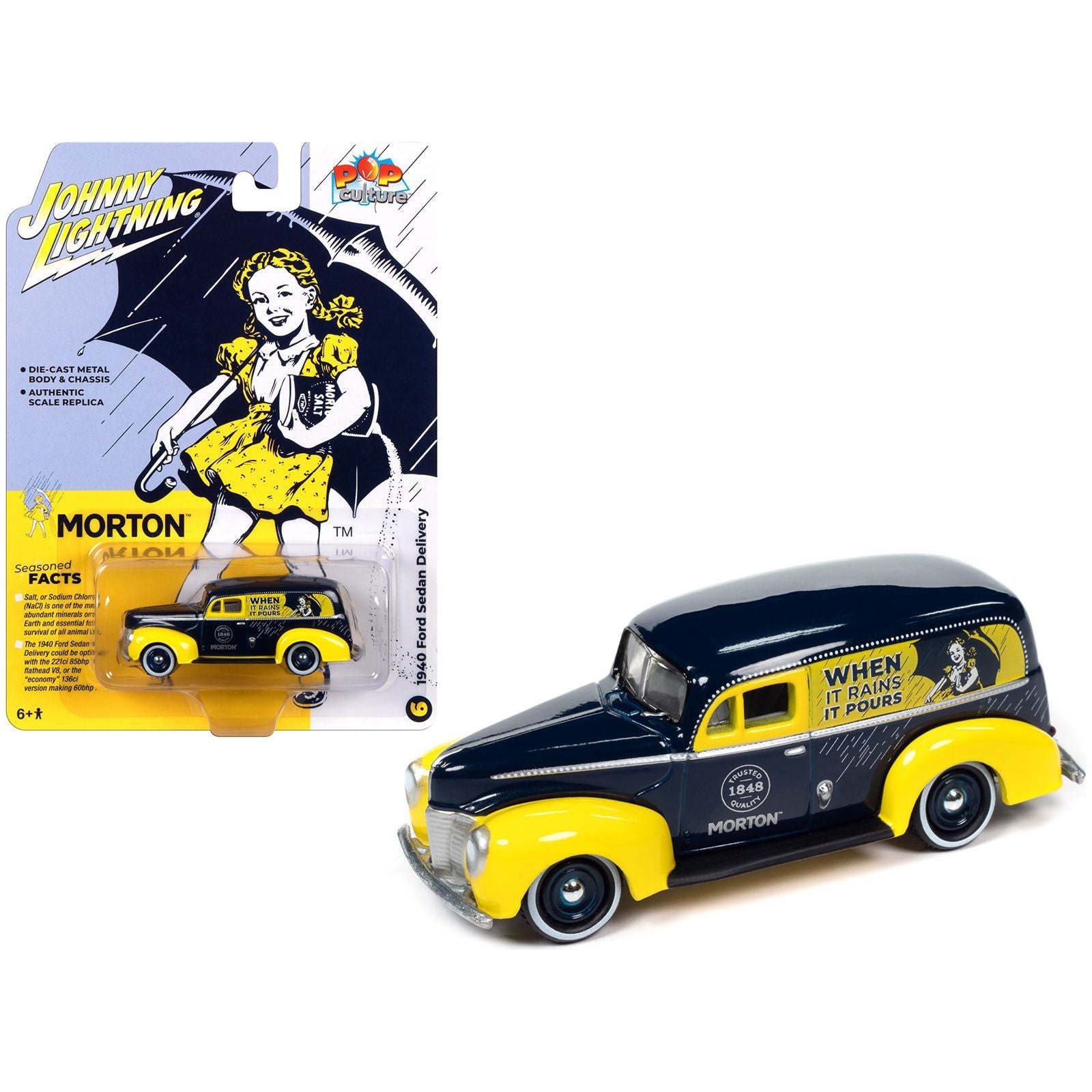 1940 Ford Sedan Delivery Dark Blue and Yellow "Morton Salt" "Pop Culture" 2023 Release 3 1/64 Diecast Model Car by Johnny Lightning - Johnny Lightning - ModelCars.com