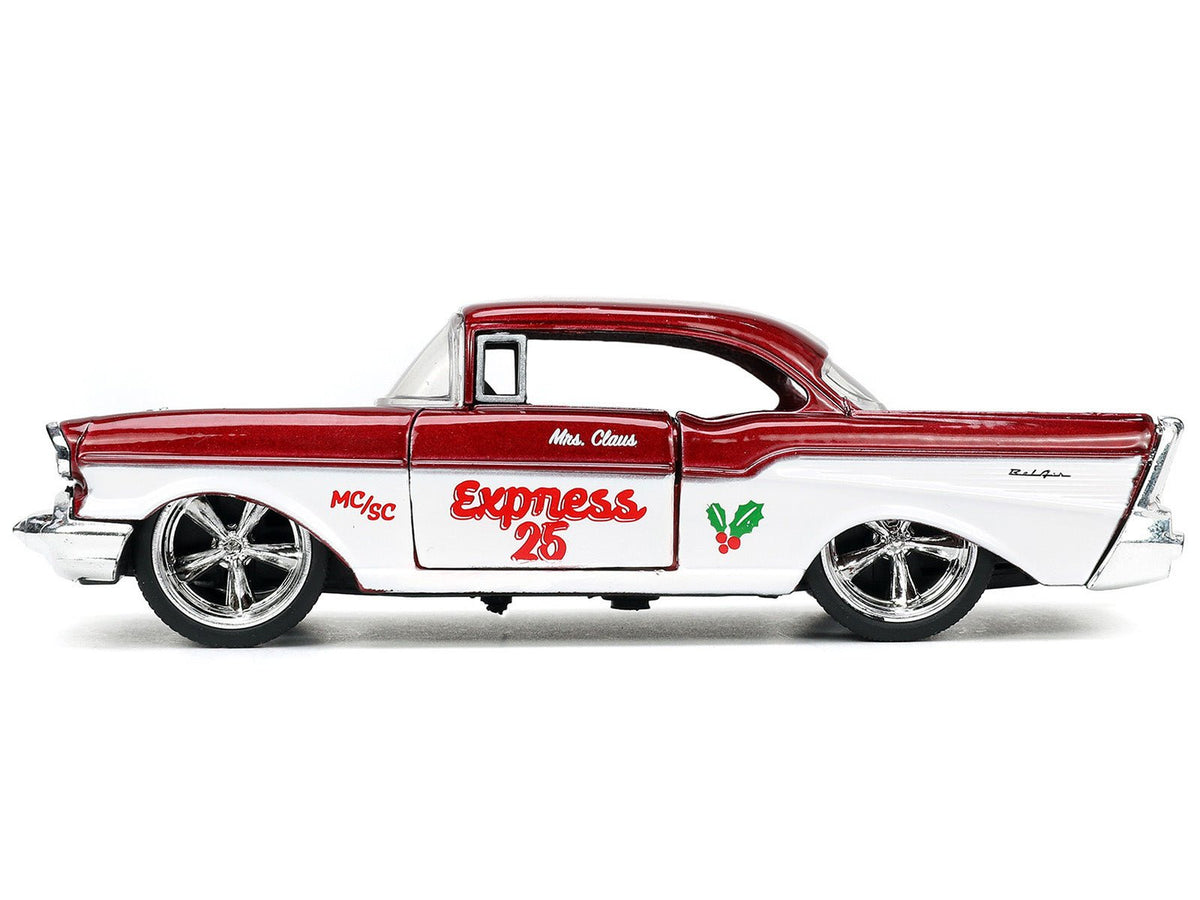 1941 Ford Pickup Truck Red and White "Santa's Workshop" and 1957 Chevrolet Bel Air Red Metallic and White "Express 25" with Mr. and Mrs. Santa Claus Diecast Figures "Holiday Rides" Series 1/32 Diecast Model Cars by Jada-Jada-ModelCars.com