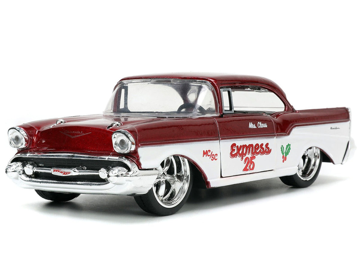 1941 Ford Pickup Truck Red and White "Santa's Workshop" and 1957 Chevrolet Bel Air Red Metallic and White "Express 25" with Mr. and Mrs. Santa Claus Diecast Figures "Holiday Rides" Series 1/32 Diecast Model Cars by Jada-Jada-ModelCars.com