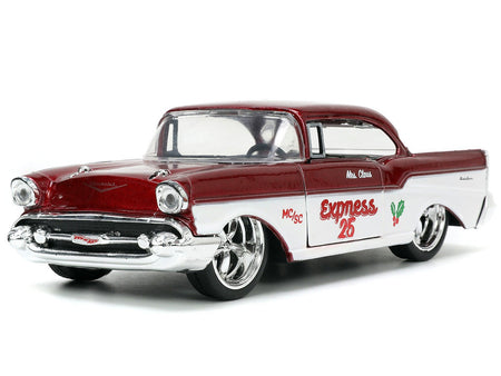 1941 Ford Pickup Truck Red and White "Santa's Workshop" and 1957 Chevrolet Bel Air Red Metallic and White "Express 25" with Mr. and Mrs. Santa Claus Diecast Figures "Holiday Rides" Series 1/32 Diecast Model Cars by Jada-Jada-ModelCars.com