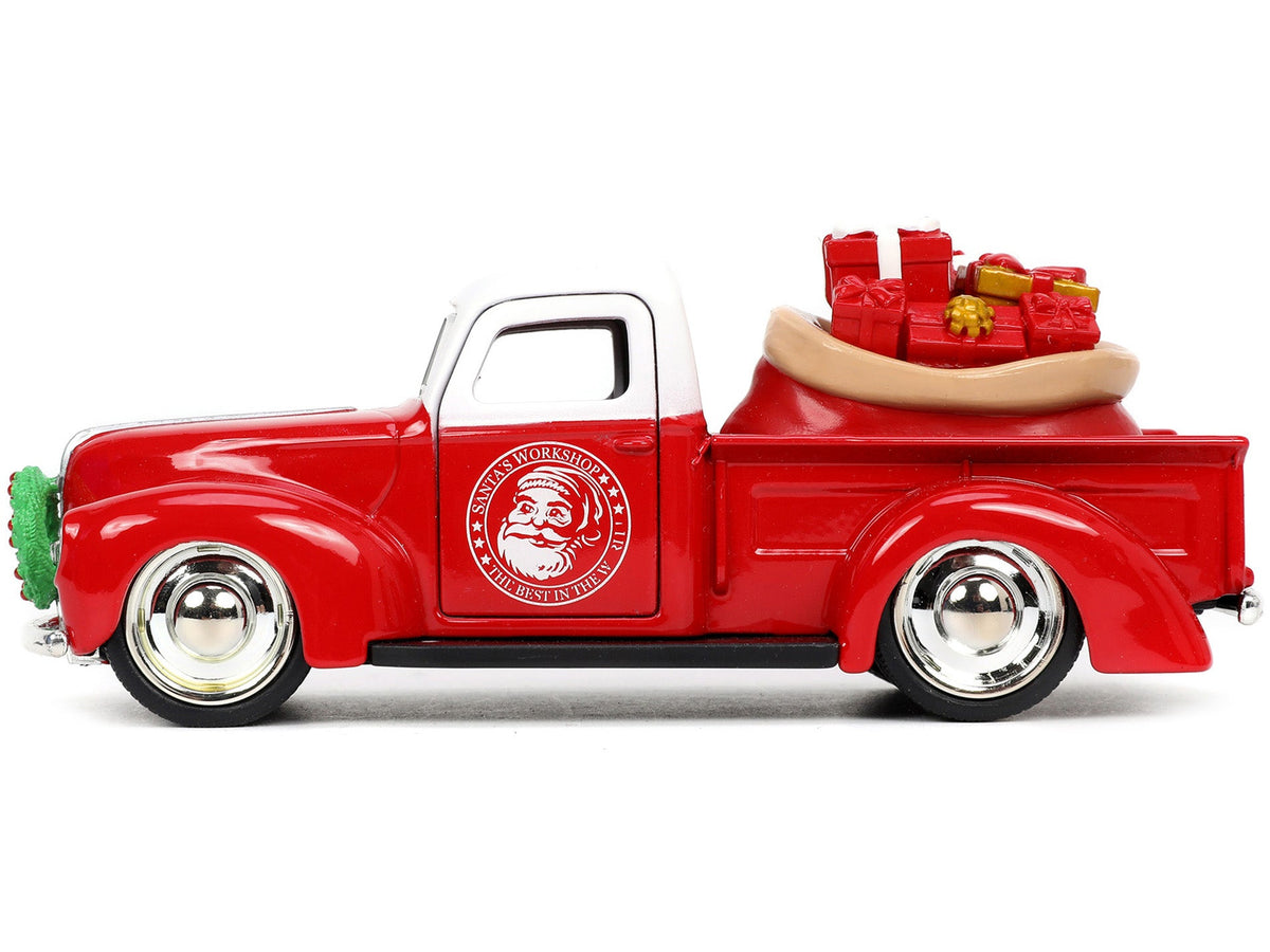 1941 Ford Pickup Truck Red and White "Santa's Workshop" and 1957 Chevrolet Bel Air Red Metallic and White "Express 25" with Mr. and Mrs. Santa Claus Diecast Figures "Holiday Rides" Series 1/32 Diecast Model Cars by Jada-Jada-ModelCars.com
