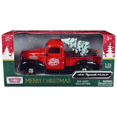 1941 Plymouth Pickup Truck Red and Black "Merry Christmas" with Tree Accessory 1/24 Diecast Model Car by Motormax - Motormax - ModelCars.com