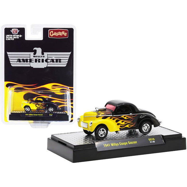 1941 Willys Coupe Gasser Black with Yellow Flames Limited Edition to 6050 pieces Worldwide 1/64 Diecast Model Car by M2 Machines-M2-ModelCars.com