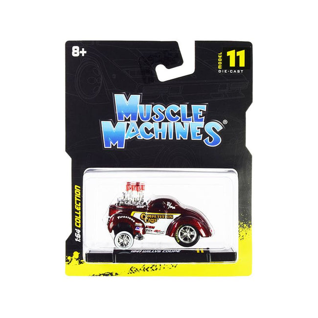 1941 Willys Coupe Gasser "Competition Cams" Red Metallic and White 1/64 Diecast Model Car by Muscle Machines - Muscle Machines - ModelCars.com