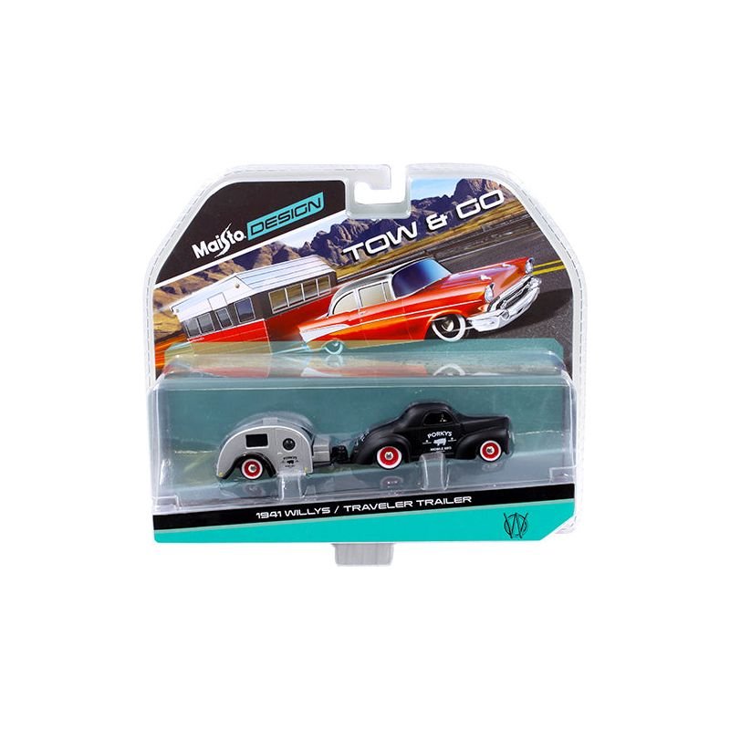 1941 Willys Matt Black and Traveler Trailer Tow & Go 1/64 Diecast Model by Maisto - Maisto - ModelCars.com