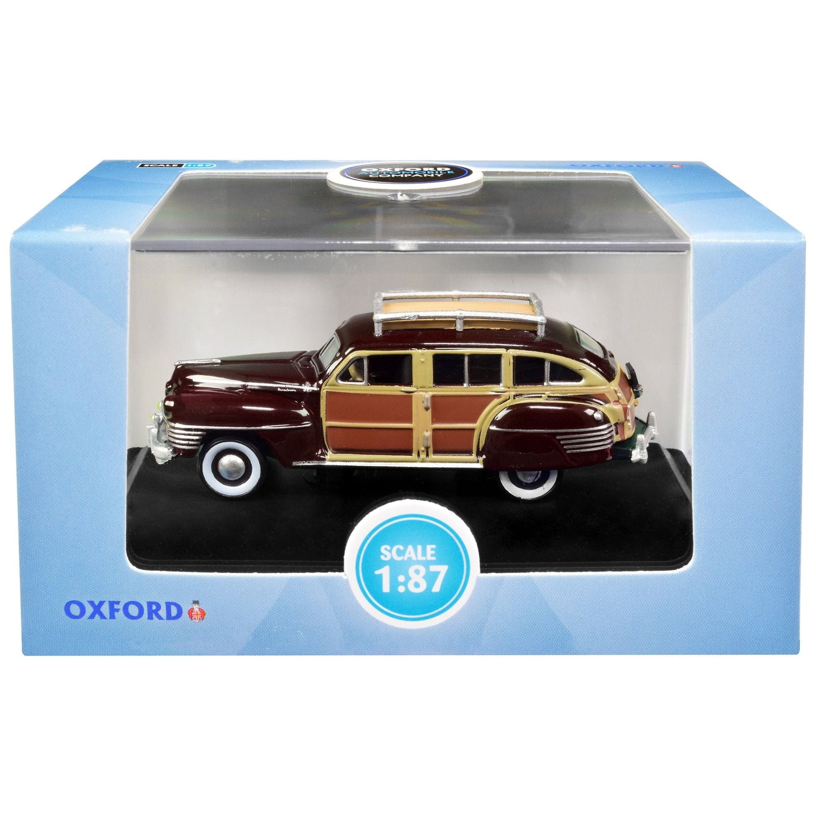 1942 Chrysler Town and Country Woody Wagon Regal Maroon with Roof Rack 1/87 (HO) Scale Diecast Model Car by Oxford Diecast - Oxford Diecast - ModelCars.com