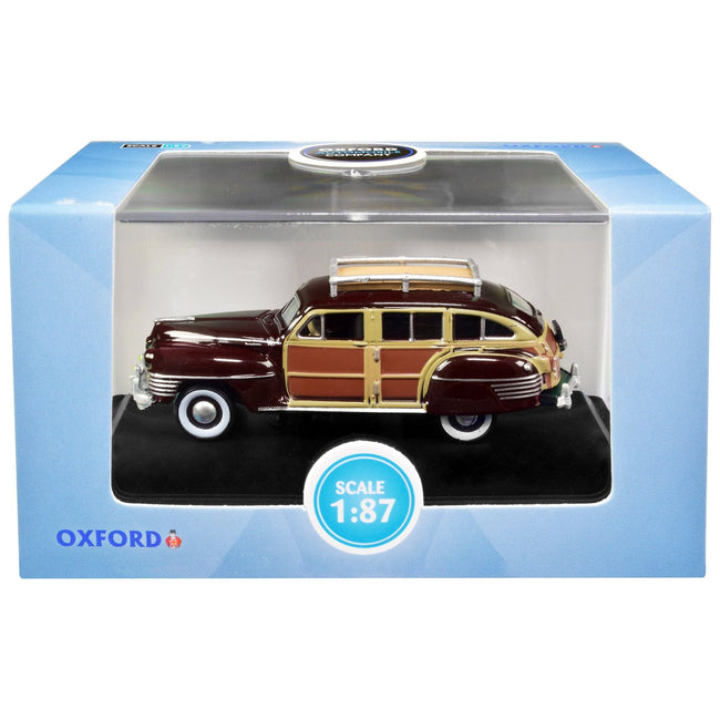 1942 Chrysler Town and Country Woody Wagon Regal Maroon with Roof Rack 1/87 (HO) Scale Diecast Model Car by Oxford Diecast - Oxford Diecast - ModelCars.com