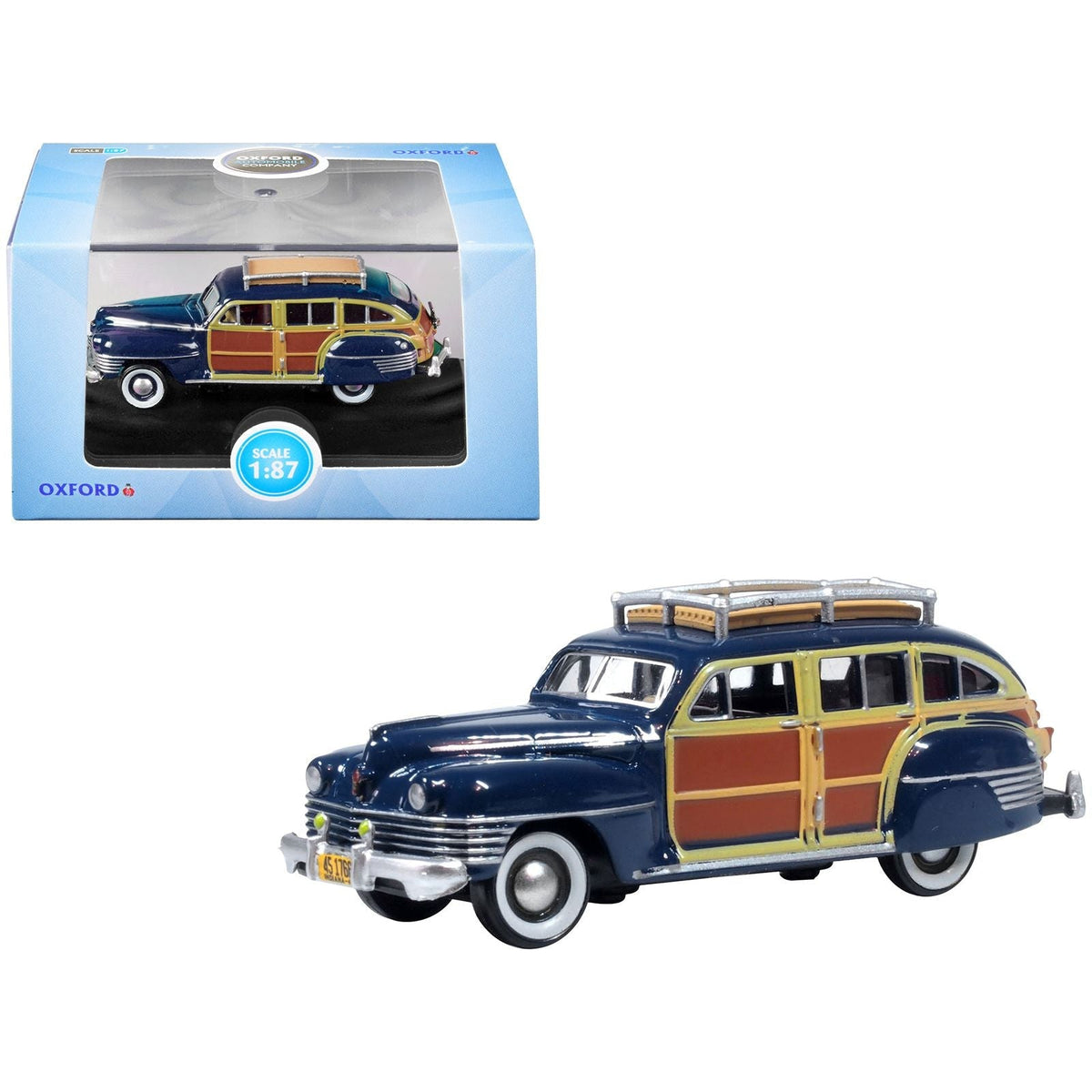 1942 Chrysler Town & Country Woody Wagon South Sea Blue with Wood Panels and Roof Rack 1/87 (HO) Scale Diecast Model Car by Oxford Diecast-Oxford Diecast-ModelCars.com