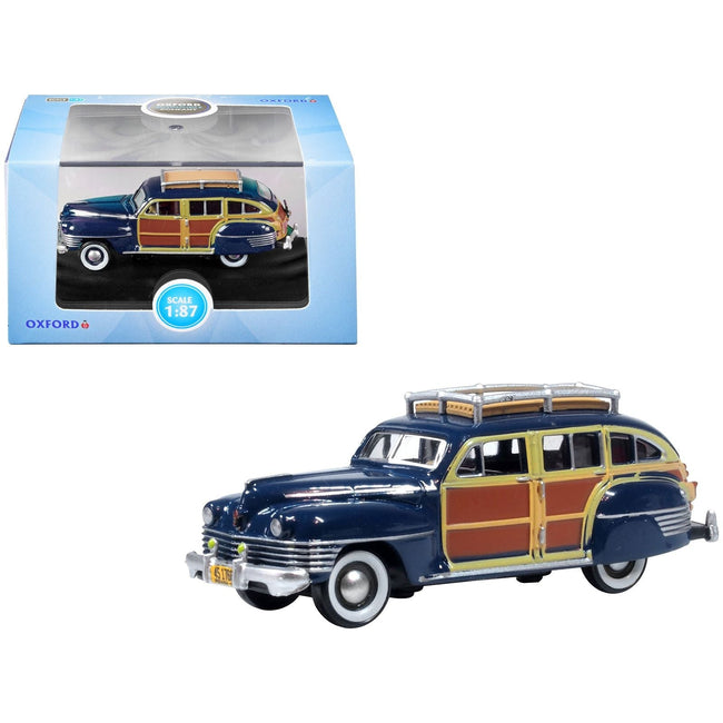 1942 Chrysler Town & Country Woody Wagon South Sea Blue with Wood Panels and Roof Rack 1/87 (HO) Scale Diecast Model Car by Oxford Diecast-Oxford Diecast-ModelCars.com
