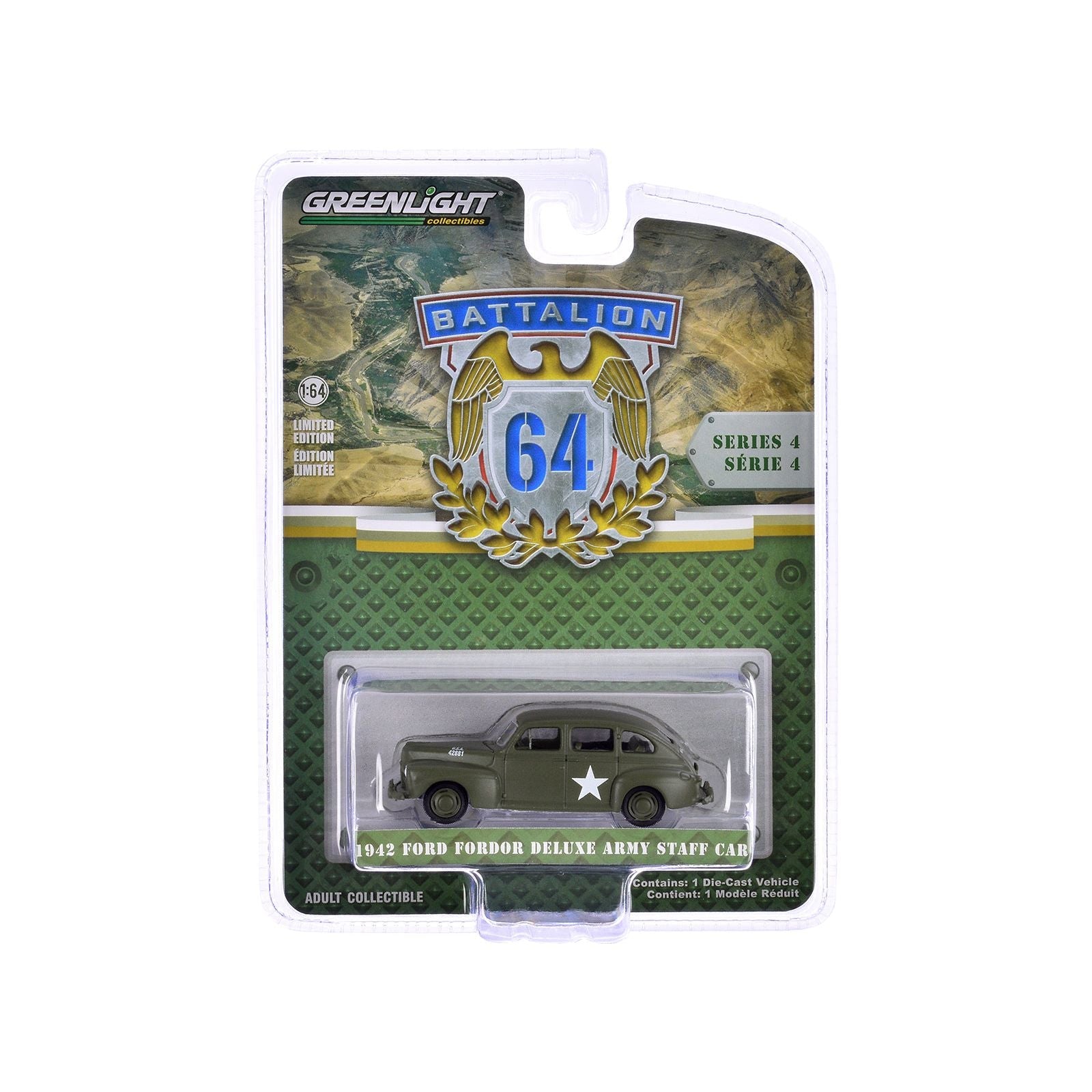 1942 Ford Fordor Deluxe "Army Staff Car" Matt Olive Green "Battalion 64" Series 4 1/64 Diecast Model Car by Greenlight - Greenlight - ModelCars.com