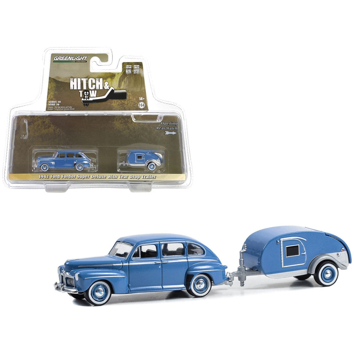 1942 Ford Fordor Super Deluxe Florentine Blue with Tear Drop Trailer "Hitch & Tow" Series 30 1/64 Diecast Model Car by Greenlight-Greenlight-ModelCars.com