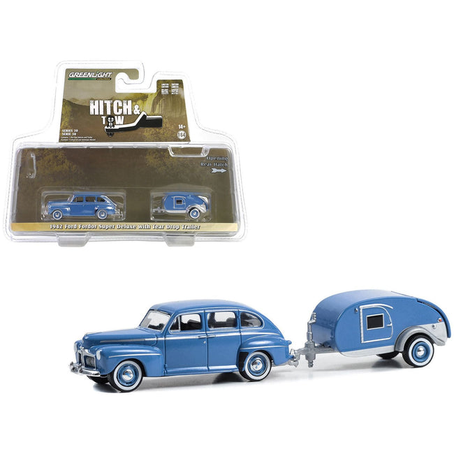 1942 Ford Fordor Super Deluxe Florentine Blue with Tear Drop Trailer "Hitch & Tow" Series 30 1/64 Diecast Model Car by Greenlight-Greenlight-ModelCars.com