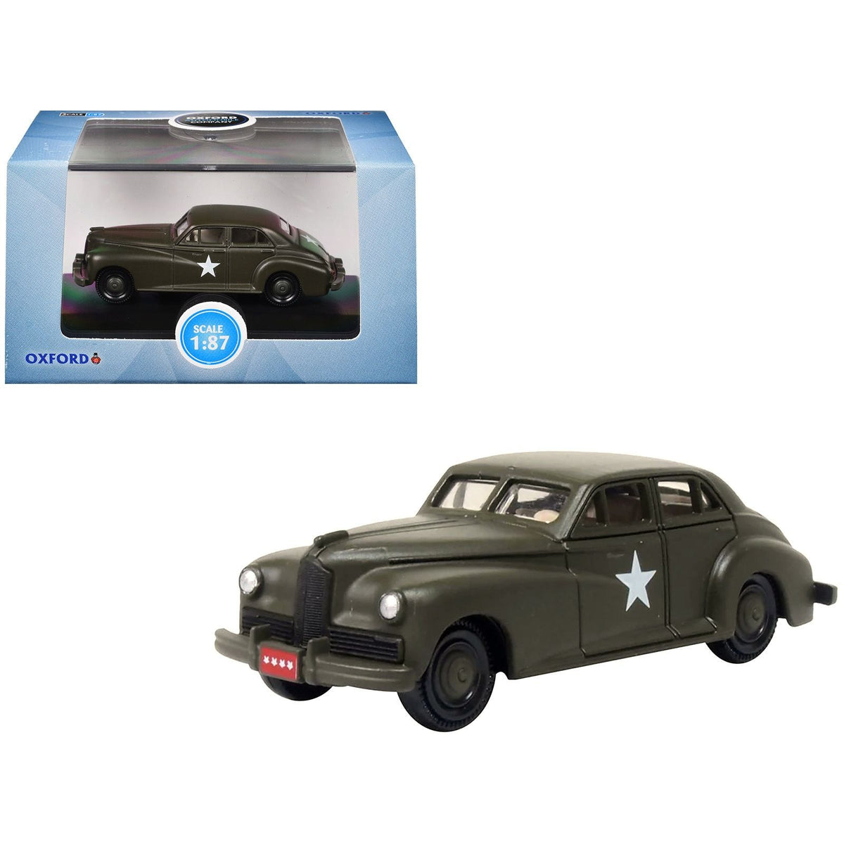 1942 Packard Clipper Touring Sedan "US Army Staff Car" Olive Drab 1/87 (HO) Scale Diecast Model Car by Oxford Diecast-Oxford Diecast-ModelCars.com